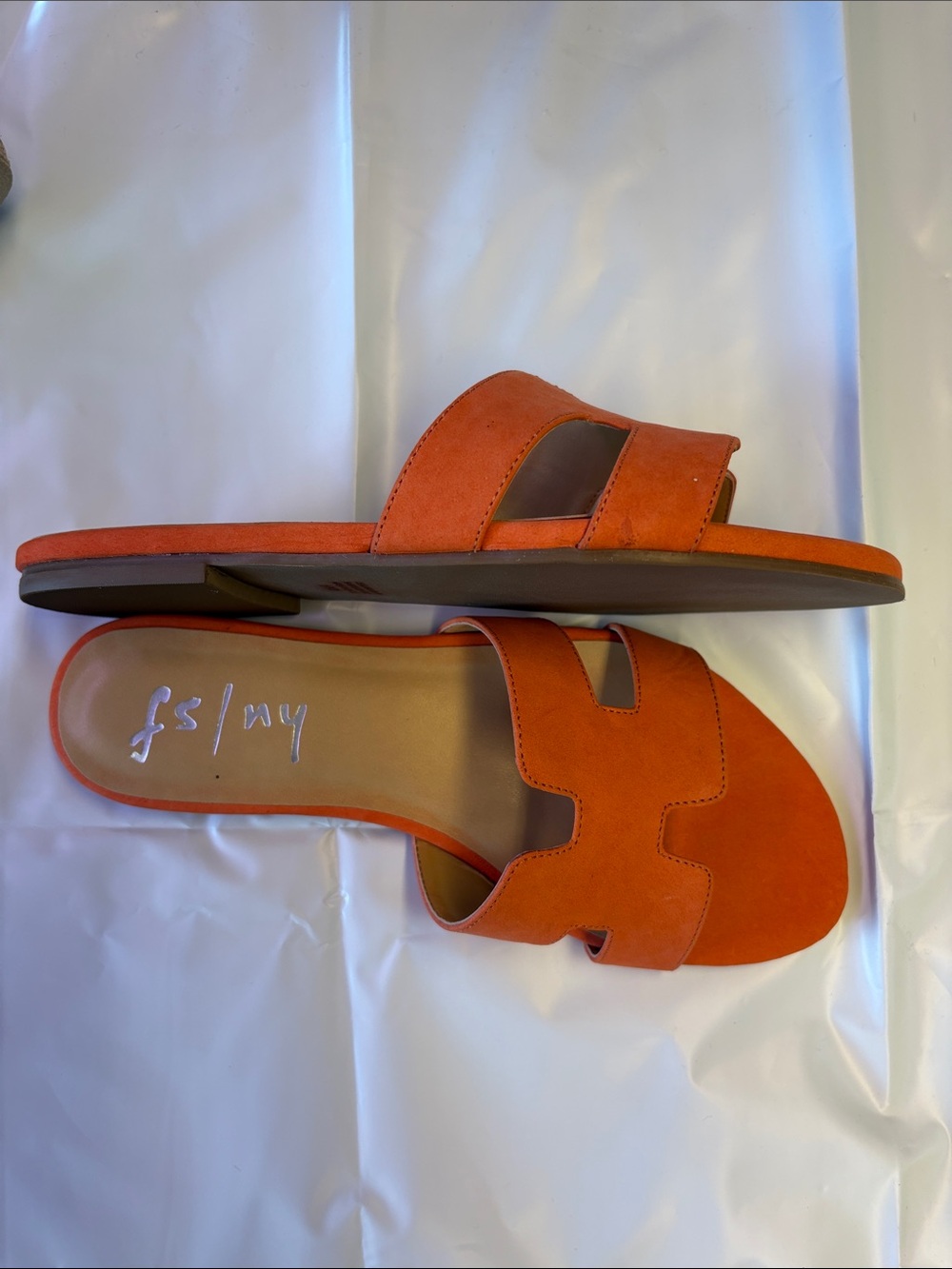 French Sole Orange Suede Slide Sandals with Cutout Straps